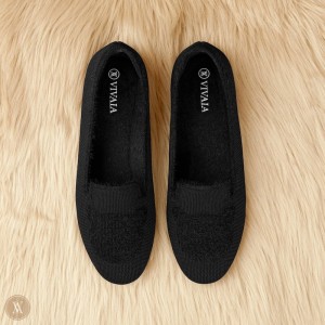Dámské Mokasíny VIVAIA Round-Toe Faux Mink-Knit Audrey Černé | SVW-7838