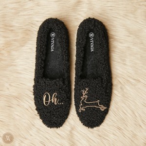 Dámské Mokasíny VIVAIA Round-Toe Recycled Faux Fur Audrey Černé | QFM-6106