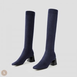 Dámské Boty VIVAIA Square-Toe Block Heel Knee-High Rebecca Tmavě Blankyt | FWB-8422
